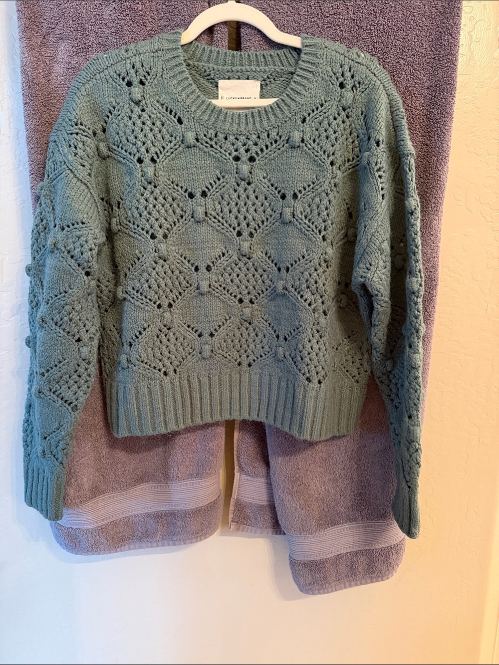Lucky Brand Light Teal Openwork Crewneck Sweater